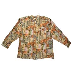 Vintage 90s Sunrise Abstract Geometric Silk Shirt Men's XL Avant Garde Art
